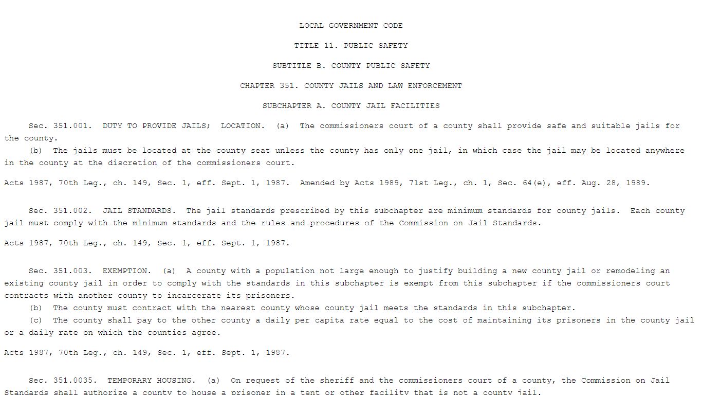 LOCAL GOVERNMENT CODE CHAPTER 351. COUNTY JAILS AND LAW ENFORCEMENT - Texas